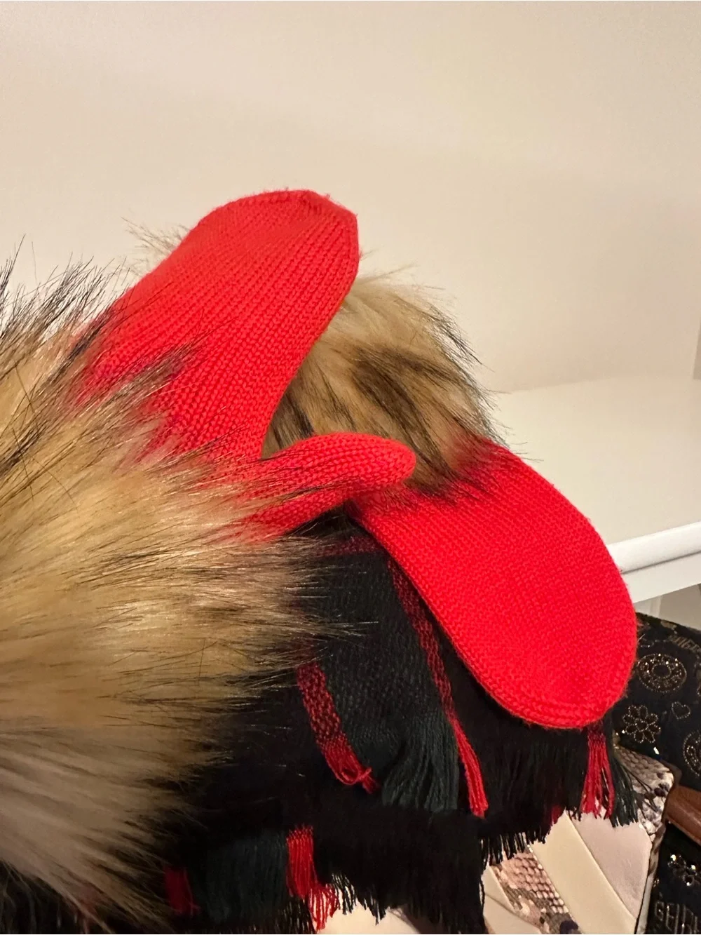 Kate Spade Faux Fur-Trim Red Knit Mittens for Women